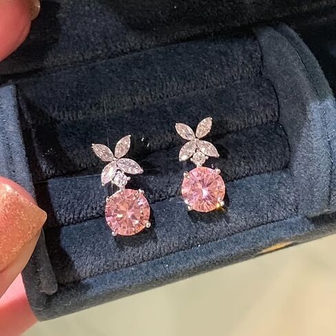 White Gold Plated White & Pink Cubic Zirconia Dangle Earrings for Women Daily Evening Parties Wear Lightweight Jewelry Earring Gift for Her in Kuwait