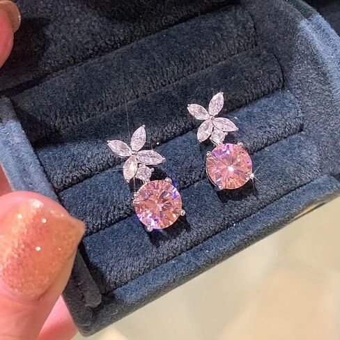 White Gold Plated White & Pink Cubic Zirconia Dangle Earrings for Women Daily Evening Parties Wear Lightweight Jewelry Earring Gift for Her in Kuwait