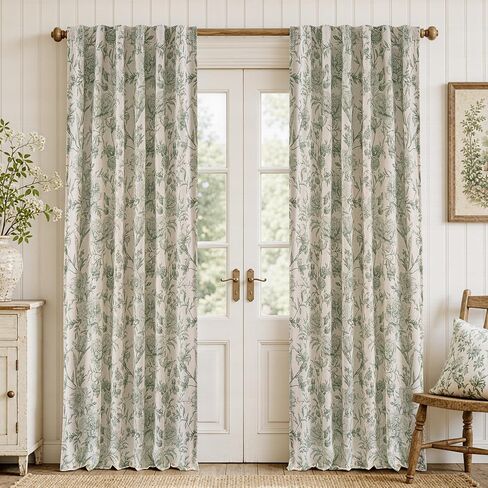 DriftAway 100% Blackout Vintage Floral Linen Curtains Double Layer French Country Peony Flower Printed Pattern Thermal Insulated Drapes for Bedroom Living Room Back Tab 2 Panels W52 x L84 Green/Cream in Kuwait