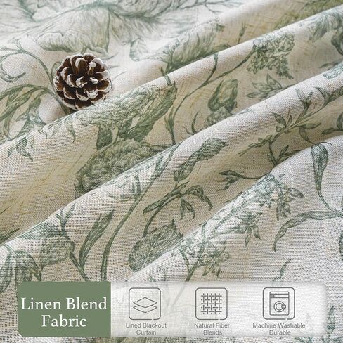DriftAway 100% Blackout Vintage Floral Linen Curtains Double Layer French Country Peony Flower Printed Pattern Thermal Insulated Drapes for Bedroom Living Room Back Tab 2 Panels W52 x L84 Green/Cream in Kuwait