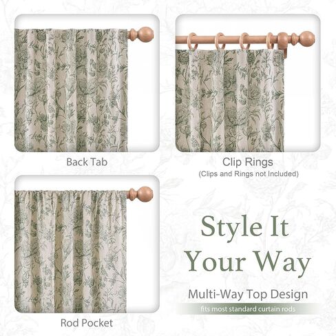 DriftAway 100% Blackout Vintage Floral Linen Curtains Double Layer French Country Peony Flower Printed Pattern Thermal Insulated Drapes for Bedroom Living Room Back Tab 2 Panels W52 x L84 Green/Cream in Kuwait