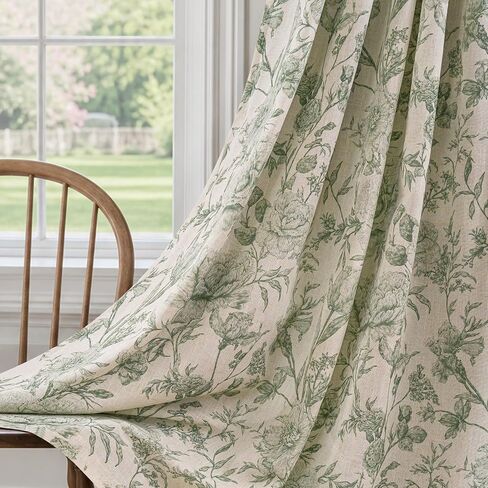 DriftAway 100% Blackout Vintage Floral Linen Curtains Double Layer French Country Peony Flower Printed Pattern Thermal Insulated Drapes for Bedroom Living Room Back Tab 2 Panels W52 x L84 Green/Cream in Kuwait