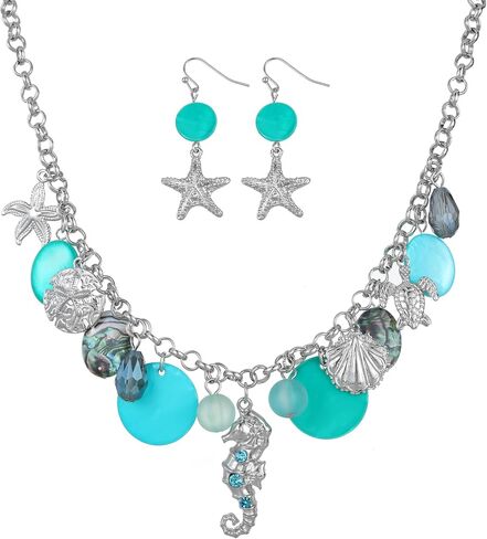 Perla Shell Starfish Necklace and Earrings Set for Women, Seahorse Turtle Charms Chunky Choker Collar Neck, Costume Jewelry Boho Beach Jewelry in Saudi Arabia