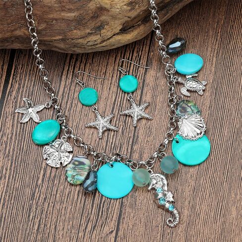 Perla Shell Starfish Necklace and Earrings Set for Women, Seahorse Turtle Charms Chunky Choker Collar Neck, Costume Jewelry Boho Beach Jewelry in Saudi Arabia