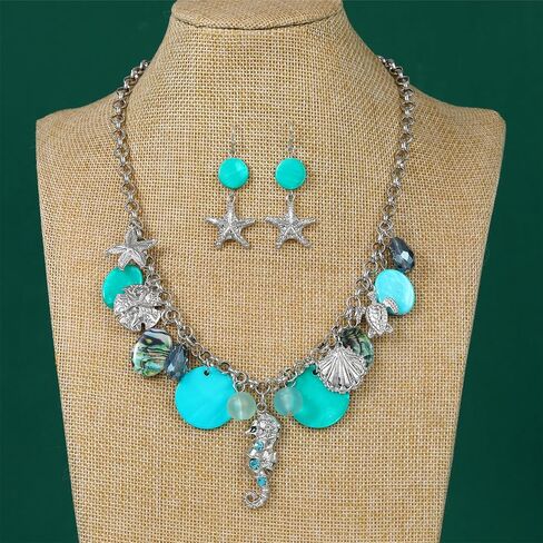 Perla Shell Starfish Necklace and Earrings Set for Women, Seahorse Turtle Charms Chunky Choker Collar Neck, Costume Jewelry Boho Beach Jewelry in Saudi Arabia