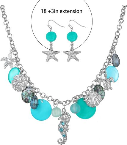 Perla Shell Starfish Necklace and Earrings Set for Women, Seahorse Turtle Charms Chunky Choker Collar Neck, Costume Jewelry Boho Beach Jewelry in Saudi Arabia