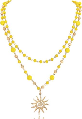 Firstmeet Sun Pendant Necklace 2-Layer Metal Bead Links Delicate Glass Bead Sparkling Sunshine Jewelry for Women in Kuwait