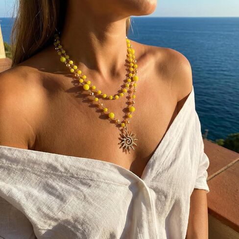 Firstmeet Sun Pendant Necklace 2-Layer Metal Bead Links Delicate Glass Bead Sparkling Sunshine Jewelry for Women in Kuwait