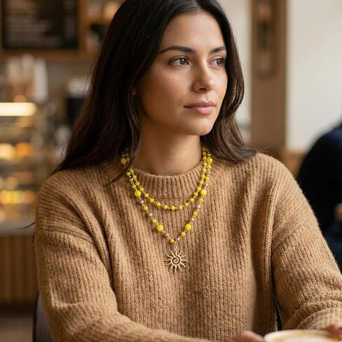 Firstmeet Sun Pendant Necklace 2-Layer Metal Bead Links Delicate Glass Bead Sparkling Sunshine Jewelry for Women in Kuwait