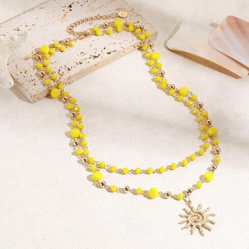 Firstmeet Sun Pendant Necklace 2-Layer Metal Bead Links Delicate Glass Bead Sparkling Sunshine Jewelry for Women in Kuwait