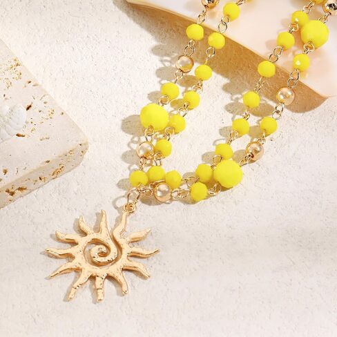 Firstmeet Sun Pendant Necklace 2-Layer Metal Bead Links Delicate Glass Bead Sparkling Sunshine Jewelry for Women in Kuwait