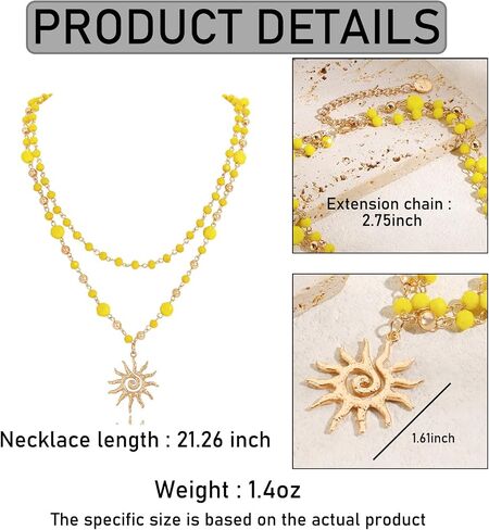 Firstmeet Sun Pendant Necklace 2-Layer Metal Bead Links Delicate Glass Bead Sparkling Sunshine Jewelry for Women in Kuwait