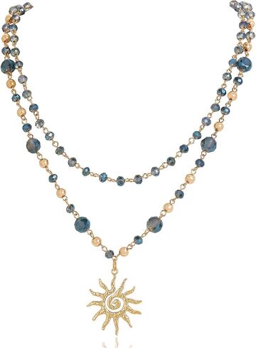 Firstmeet Sun Pendant Necklace 2-Layer Metal Bead Links Delicate Glass Bead Sparkling Sunshine Jewelry for Women in Kuwait