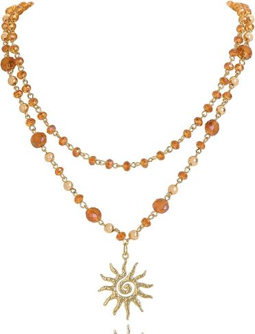 Firstmeet Sun Pendant Necklace 2-Layer Metal Bead Links Delicate Glass Bead Sparkling Sunshine Jewelry for Women in Kuwait