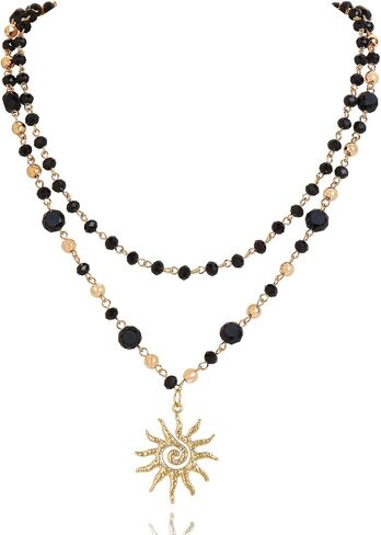 Firstmeet Sun Pendant Necklace 2-Layer Metal Bead Links Delicate Glass Bead Sparkling Sunshine Jewelry for Women in Kuwait