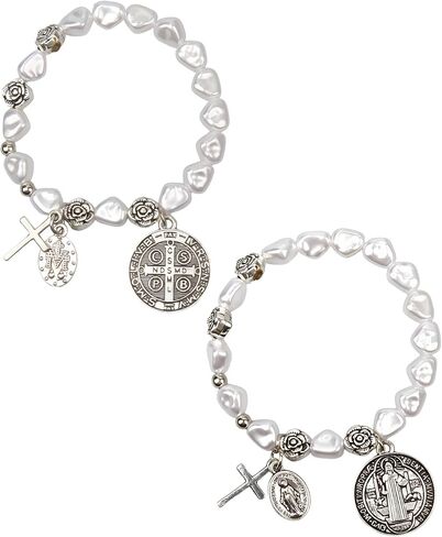 2 Pcs Rosary Bracelet for Women, Gold Catholic Rosary Bracelet with Saint Benedict Medal, Adjustable Religious Beaded Bracelet, Spiritual Jewelry Gift Set in Saudi Arabia