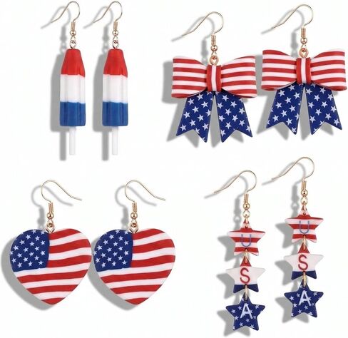 4 Pair 4th of July Earring Patriotic 250th Anniversary Polymer Clay Earring Independence Red White Blue Accessory Women in Kuwait
