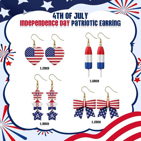 4 Pair 4th of July Earring Patriotic 250th Anniversary Polymer Clay Earring Independence Red White Blue Accessory Women in Kuwait