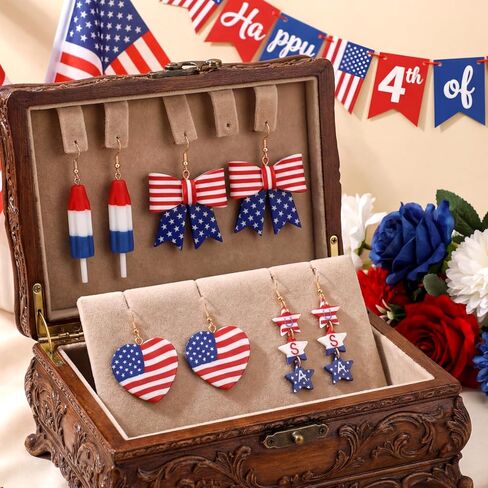 4 Pair 4th of July Earring Patriotic 250th Anniversary Polymer Clay Earring Independence Red White Blue Accessory Women in Kuwait