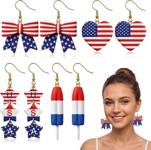 4 Pair 4th of July Earring Patriotic 250th Anniversary Polymer Clay Earring Independence Red White Blue Accessory Women in Kuwait