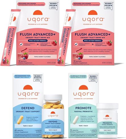 Uqora Flush Advanced+ Regimen with Flush Advanced+ - Cranberry to Reduce Risk of Recurrent UTI** - Defend & Promote - D-Mannose, Vitamin C, Green Tea Extract & Probiotics - 3-Part Bundle in Kuwait