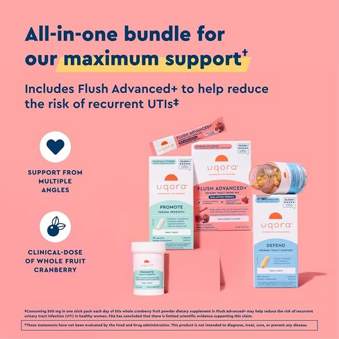 Uqora Flush Advanced+ Regimen with Flush Advanced+ - Cranberry to Reduce Risk of Recurrent UTI** - Defend & Promote - D-Mannose, Vitamin C, Green Tea Extract & Probiotics - 3-Part Bundle in Kuwait
