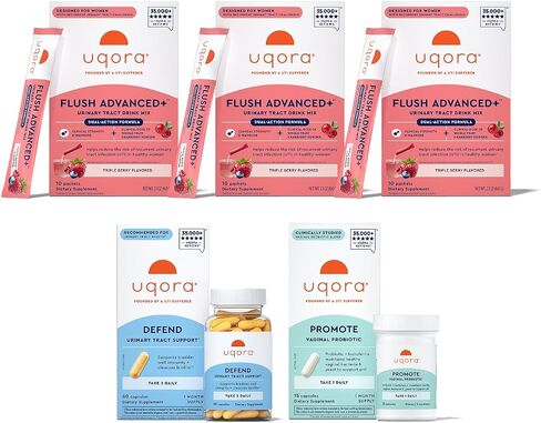 Uqora Flush Advanced+ Regimen with Flush Advanced+ - Cranberry to Reduce Risk of Recurrent UTI** - Defend & Promote - D-Mannose, Vitamin C, Green Tea Extract & Probiotics - 3-Part Bundle in Kuwait