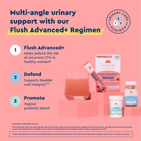 Uqora Flush Advanced+ Regimen with Flush Advanced+ - Cranberry to Reduce Risk of Recurrent UTI** - Defend & Promote - D-Mannose, Vitamin C, Green Tea Extract & Probiotics - 3-Part Bundle in Kuwait
