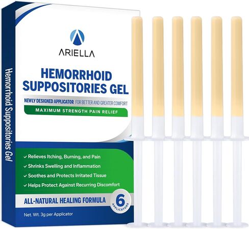 Ariella Hemorrhoid Treatment Suppository Gel: Pre-Filled Rounded-Tip Applicator for Gentle, Pain-Free Internal Relief, Soothes Burning, Itching & Swelling, Natural Herbal, 6 Individually Sealed in Saudi Arabia