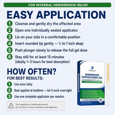 Ariella Hemorrhoid Treatment Suppository Gel: Pre-Filled Rounded-Tip Applicator for Gentle, Pain-Free Internal Relief, Soothes Burning, Itching & Swelling, Natural Herbal, 6 Individually Sealed in Saudi Arabia