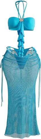 Verdusa Women's 3 Piece Boho Halter Bikini Sets Ruffle Bathing Suits with Cover Up Skirt in Kuwait