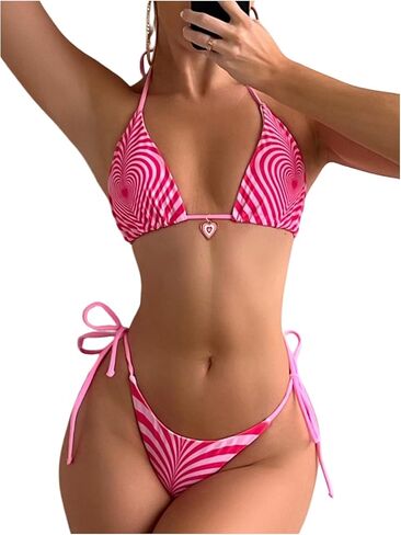 WDIRARA Women's 2 Piece Swimsuit Heart Print Halter Triangle String Bikini Set Tie Side Bathing Suit in Kuwait