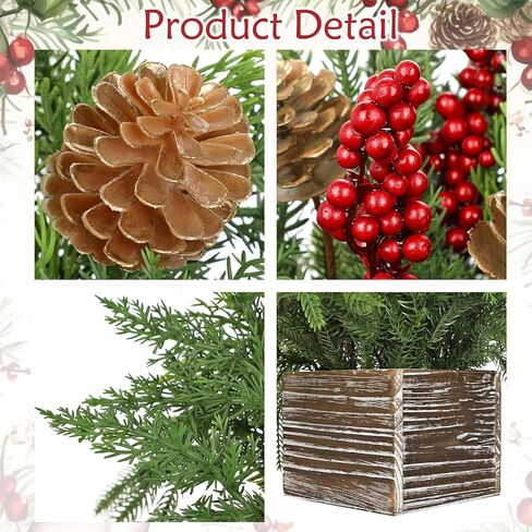 Christmas Centerpieces 8 Inch Artificial Christmas Plant in Rectangular Wooden Pot Tabletop Pine Plants with Red Berries Pine Cones Eucalyptus for Winter Holiday Party Fireplace Mantel Xmas Decor in Kuwait