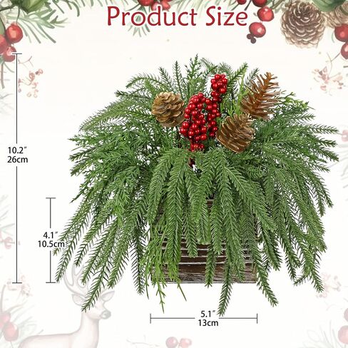 Christmas Centerpieces 8 Inch Artificial Christmas Plant in Rectangular Wooden Pot Tabletop Pine Plants with Red Berries Pine Cones Eucalyptus for Winter Holiday Party Fireplace Mantel Xmas Decor in Kuwait