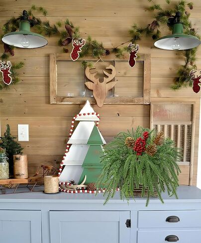 Christmas Centerpieces 8 Inch Artificial Christmas Plant in Rectangular Wooden Pot Tabletop Pine Plants with Red Berries Pine Cones Eucalyptus for Winter Holiday Party Fireplace Mantel Xmas Decor in Kuwait