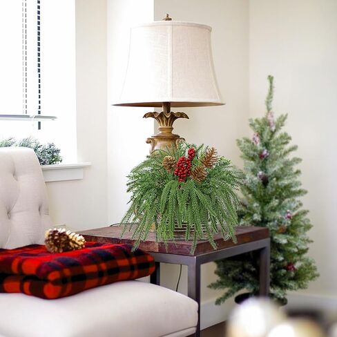 Christmas Centerpieces 8 Inch Artificial Christmas Plant in Rectangular Wooden Pot Tabletop Pine Plants with Red Berries Pine Cones Eucalyptus for Winter Holiday Party Fireplace Mantel Xmas Decor in Kuwait
