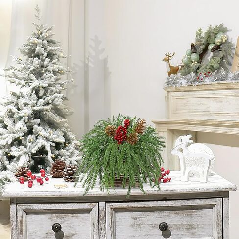 Christmas Centerpieces 8 Inch Artificial Christmas Plant in Rectangular Wooden Pot Tabletop Pine Plants with Red Berries Pine Cones Eucalyptus for Winter Holiday Party Fireplace Mantel Xmas Decor in Kuwait