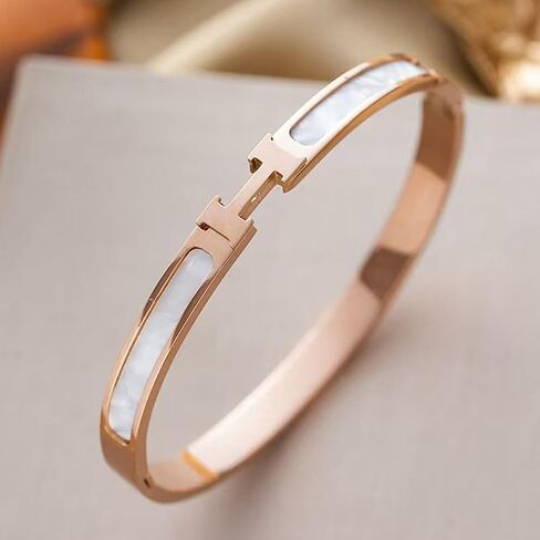 Rose Gold Stainless Steel H Bracelet for Women, Bangle Style with Whtie Enamel Inlay in Kuwait