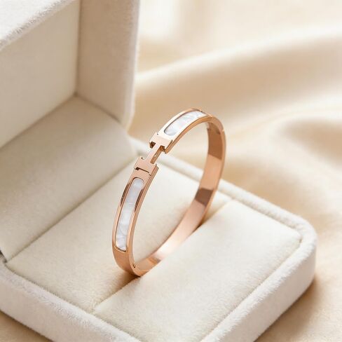 Rose Gold Stainless Steel H Bracelet for Women, Bangle Style with Whtie Enamel Inlay in Kuwait