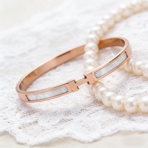 Rose Gold Stainless Steel H Bracelet for Women, Bangle Style with Whtie Enamel Inlay in Kuwait