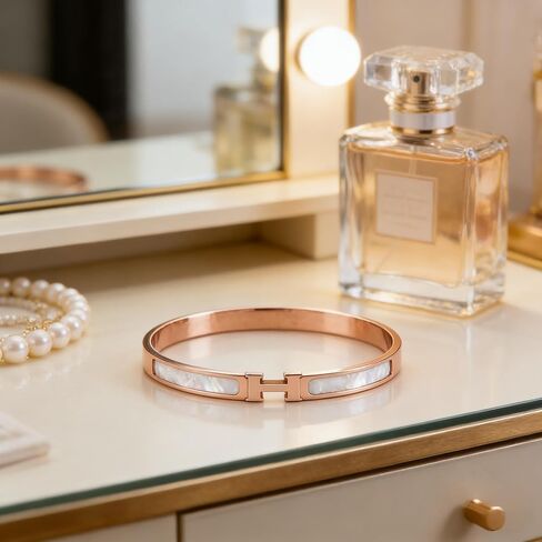 Rose Gold Stainless Steel H Bracelet for Women, Bangle Style with Whtie Enamel Inlay in Kuwait