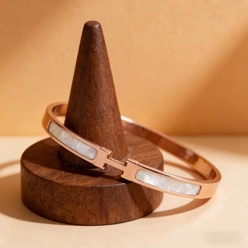 Rose Gold Stainless Steel H Bracelet for Women, Bangle Style with Whtie Enamel Inlay in Kuwait