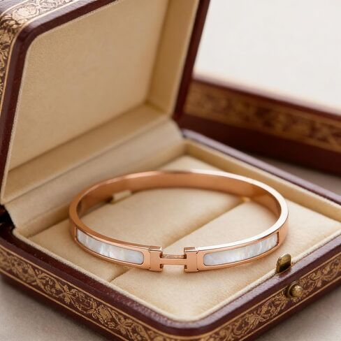 Rose Gold Stainless Steel H Bracelet for Women, Bangle Style with Whtie Enamel Inlay in Kuwait