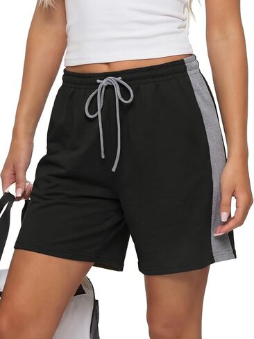 Rooscier Women's Color Block High Waisted Drawstring Wide Leg Athletic Shorts with Pockets in Kuwait