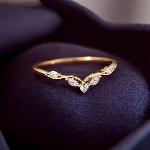 V Shaped Marquise Moissanite Engagement Ring for Women 14K Gold Plated Chevron Stacking Wedding Band Dainty Curved Ring for Wedding Set Jewelry Gift For Her in Kuwait