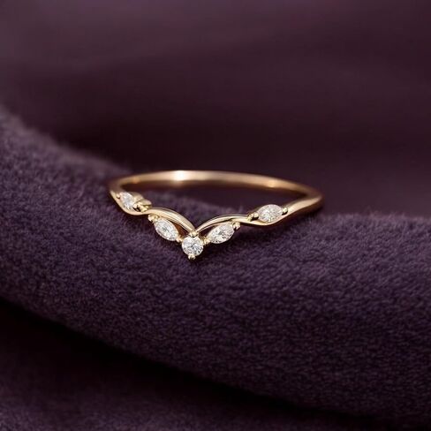 V Shaped Marquise Moissanite Engagement Ring for Women 14K Gold Plated Chevron Stacking Wedding Band Dainty Curved Ring for Wedding Set Jewelry Gift For Her in Kuwait