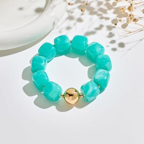 Chunky Beaded Bracelet for Women Trendy Statement Big Lake Blue Resin Bead Stretch Bracelets Summer Beach Beachy Boho Jewelry Charm Cute Gifts Stuff for Women in Saudi Arabia