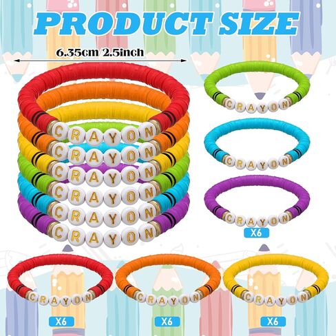 Huquary 24 Pcs Teacher Appreciation Gift Crayon Bracelet Bulk Teach Polymer Clay Bead Bracelets Bulk Teacher Jewelry Gifts for School Graduation Party Favors First Day of School in Kuwait