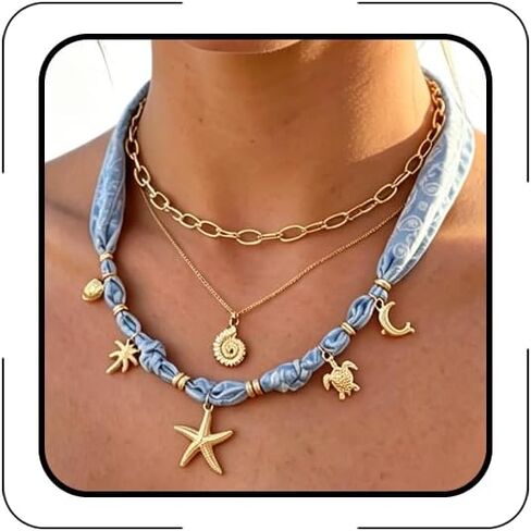 Starfish Shell Scarf Necklace for Women Boho Layered Bandana Scarf Necklace With Charm Vacation Outfits for Summer Beach Jewelry in Saudi Arabia