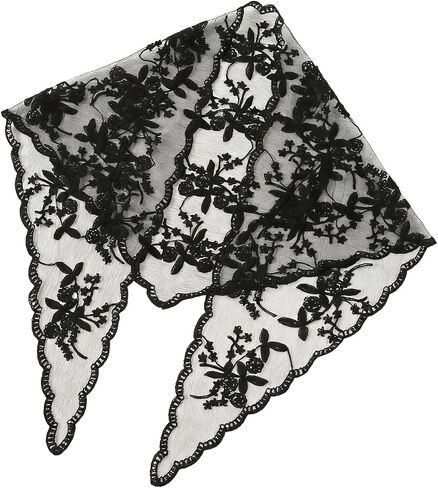 Black Lace Bandana, Classic Black Triangle Veil for Special Occasions, Delicate Lace Edging Design, Lightweight Sheer Fabric, Adjustable Length Options, Elegant Headwear Accessory for Women in Saudi Arabia